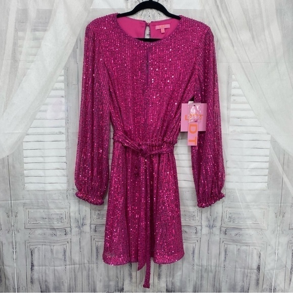 LDT Size 6 Pink Sequined Long Sleeve Short Dress Belted Pockets Cocktail A-Line - Picture 14 of 16